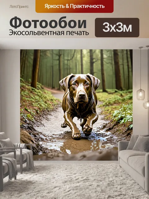 Фотообои собака породы лабрадор, ползущая по грязной тропе в лесу, ее шерсть усыпана грязью и листвой