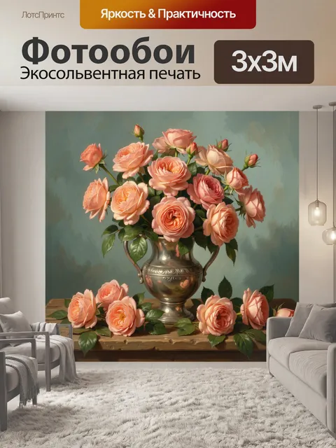 Фотообои Пышные розовые розы в вазе