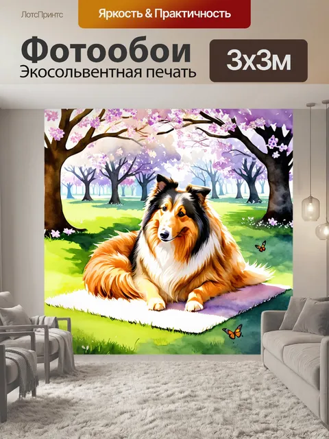 Фотообои колли лежит на мягком травяном ковре в парке, свернувшись калачиком, его шерсть уютно переливается на солнце