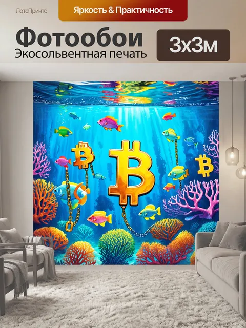Фотообои представьте себе глубины океана, где золотые цепочки биткоина образуют структуры, напоминающие кораллы
