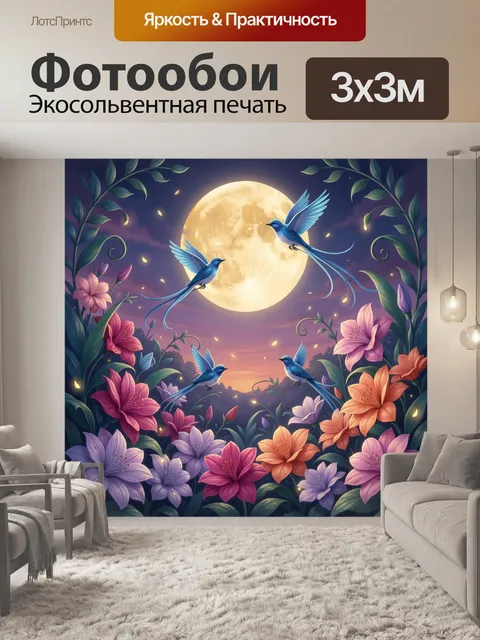 Фотообои Синие птицы в лунном саду