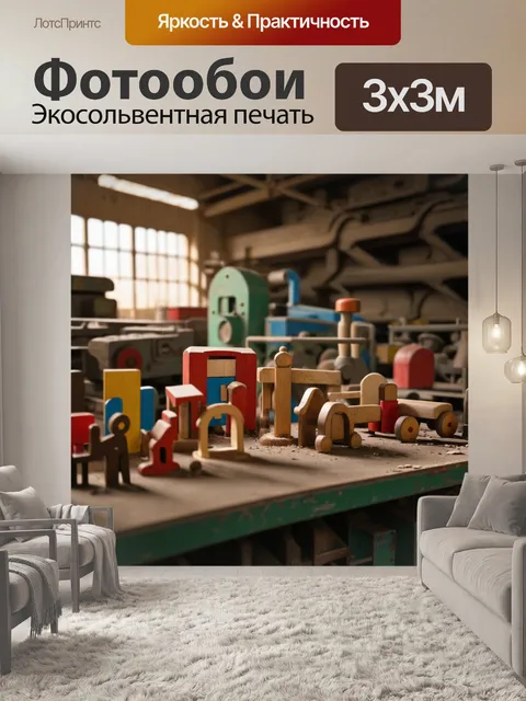 Фотообои винтаж отображают старый завод по производству игрушек, где на фоне массивных станков стоят деревянные игрушки