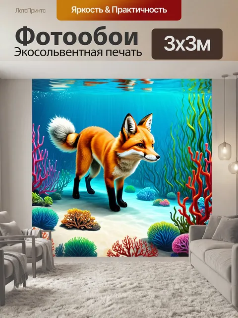 Фотообои лиса, исследующая подводный мир при прозрачной воде, среди кораллов и морских растений, созданная в технике…