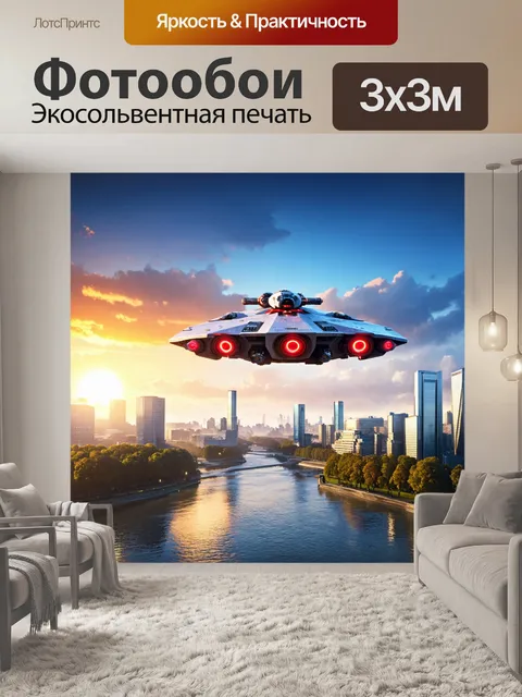 Фотообои Космический корабль с яркими красными деталями летит над современным городом под ярким закатом