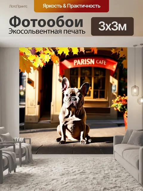 Фотообои на фоне старинного парижского кафе, французский бульдог сидит на фоне дерева с яркими осенними листьями