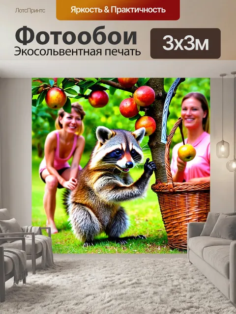 Фотообои енот, помогающий сбору фруктов на фруктовом дереве, с корзиной рядом и улыбающимися людьми