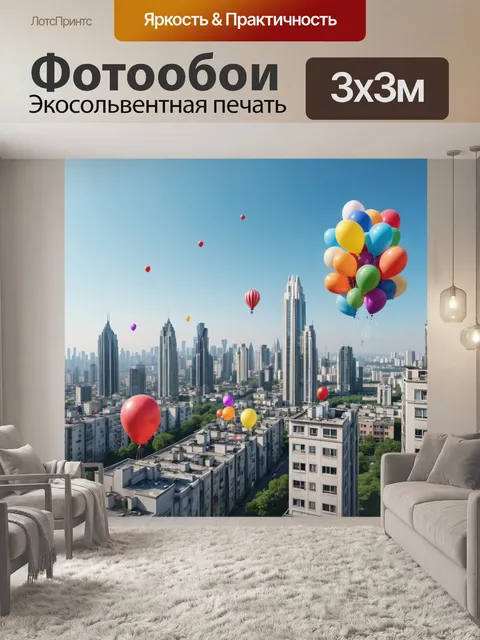 Фотообои город в стиле плоский с высотными зданиями и воздушными шарами в небе