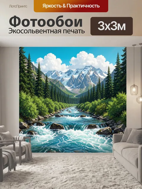 Фотообои Горная река среди елей