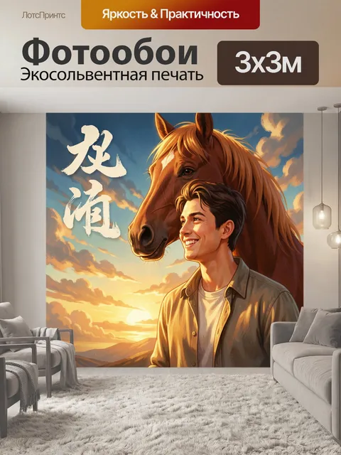 Фотообои Юноша с лошадью на закате