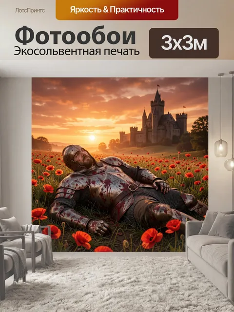 Фотообои Рыцарь в потертой и окровавленной броне лежит на поле красных маков при закате с оранжево-красным небом