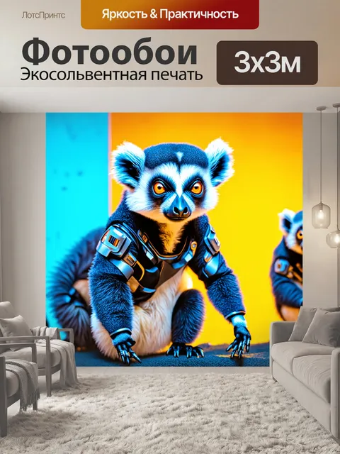 Фотообои животные в стиле киберпанк, лемуры в кибер костюмах на ярком фоне