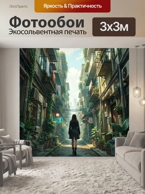 Фотообои Узкий зеленый городской переулок