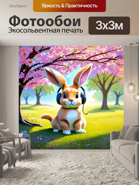 Фотообои изобразите кролика с наушниками, который сидит под цветущим деревом в парке, окруженный весенними цветами