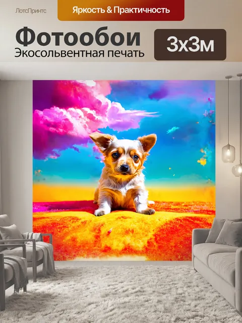 Фотообои собака изображена в простых, изящных линиях, с мягкими, водными цветами