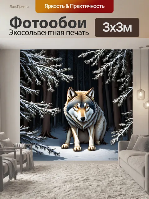 Фотообои тёмный зимний лес, заполненный тишиной, где волк, опустив голову, прячется среди морозных ветвей