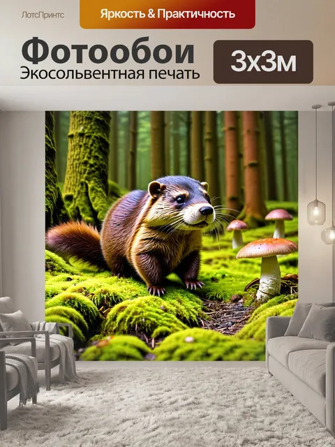 Фотообои бобр исследует лес в поисках корма, его хвост ярко выделяется на фоне мха и грибов