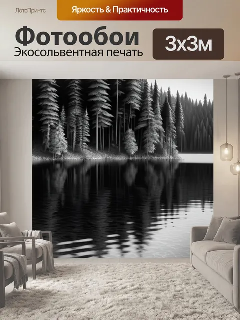 Фотообои пейзаж с лесным озером чернобелый