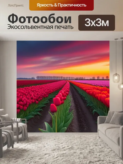Фотообои закат за полем тюльпанов