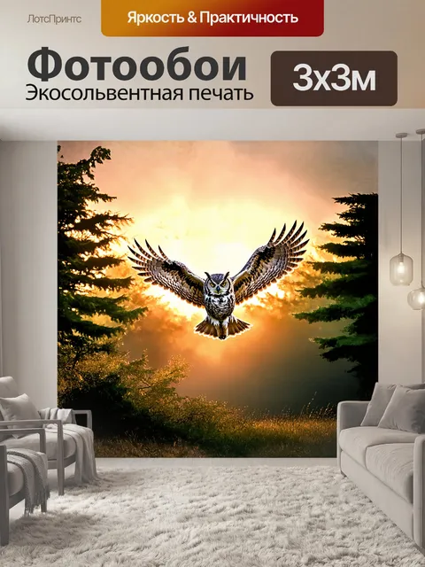 Фотообои большая рогатая сова парит над густым лесом, освещенным мягким светом заката