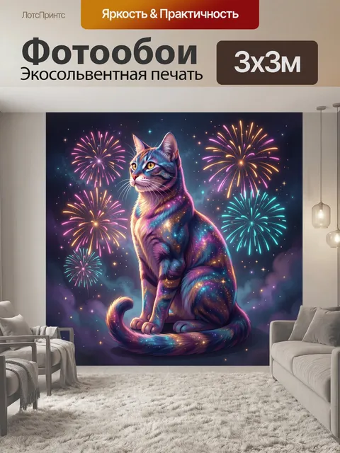 Фотообои Космический кот среди фейерверков