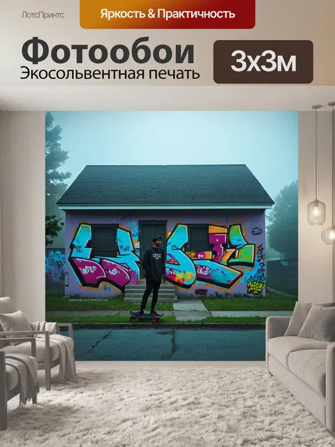 Фотообои туман в стиле графити, одноэтажный дом в тумане, стены украшены ярким граффити, перед домом стоит скейтбордист