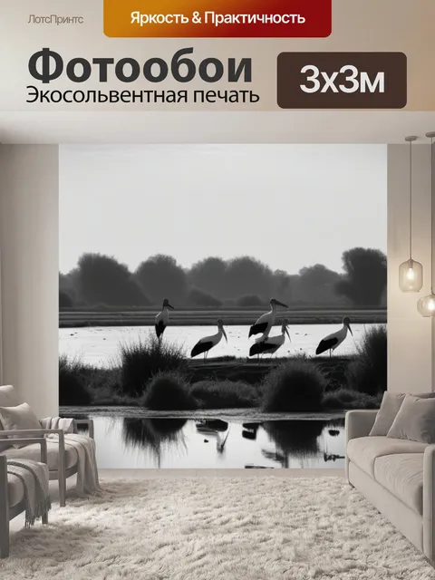 Фотообои пейзаж с аистами на чернобелый