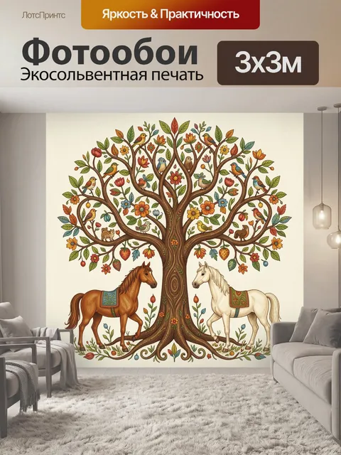 Фотообои Сказочное дерево с птицами и лошадьми