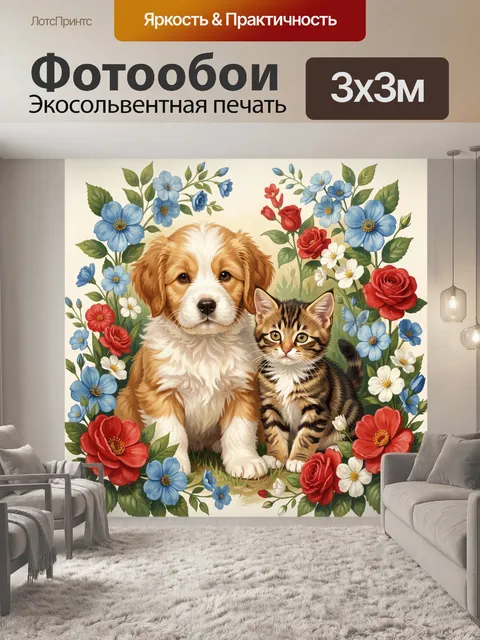 Фотообои Щенок и котёнок в цветах