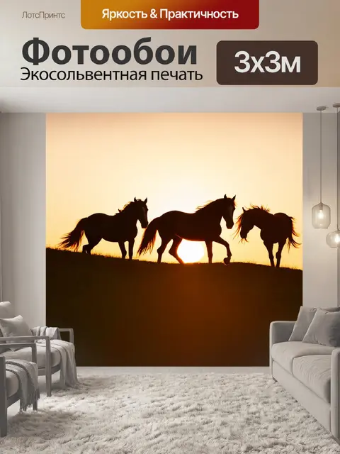 Фотообои лошади, спускающиеся с холма, их силуэты выделяются на фоне заката
