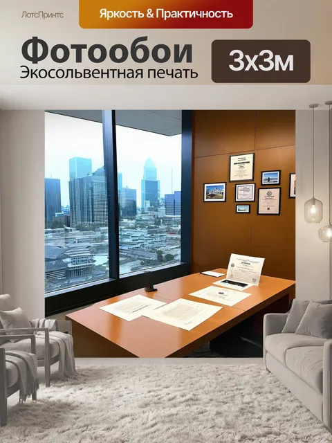 Фотообои изображение уютного и современного офиса риэлтора, с окном, выходящим на городской пейзаж