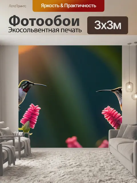 Фотообои птицы-колибри, жужжащие в цветах на рассвете