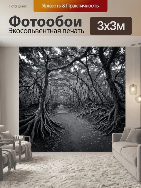 Фотообои черно-белый: глубокий лес с переплетением корней деревьев и множеством тропинок