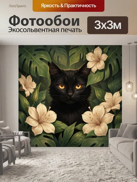 Фотообои Черный кот среди тропических цветов