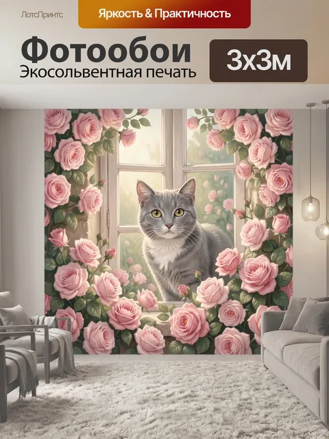 Фотообои Серый кот среди роз