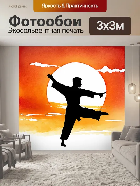 Фотообои создать изображение, на котором человеческий силуэт в динамичной позе кунг-фу, исполняющий эффектный удар…
