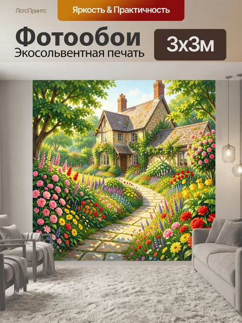 Фотообои Цветочный сад у каменного коттеджа