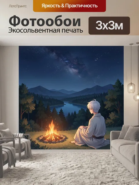 Фотообои Юноша у костра под звездами