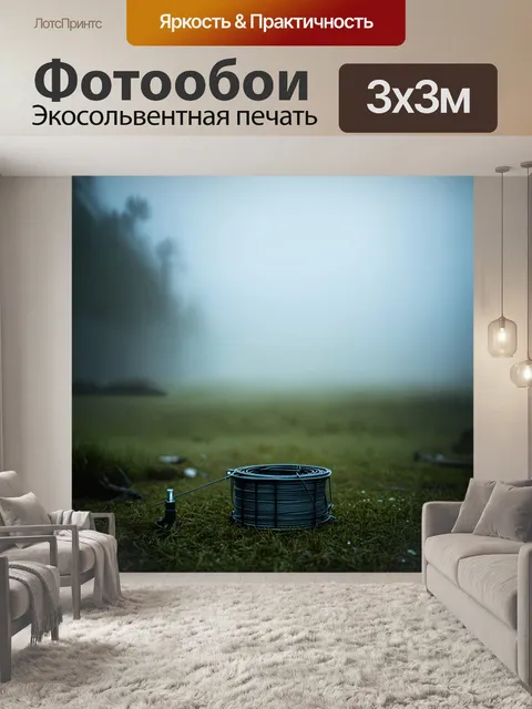 Фотообои загадочный, туманный пейзаж с рыболовными принадлежностями в центре, привлекающими внимание, в окружении…