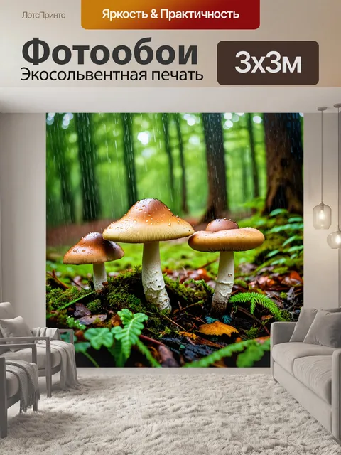 Фотообои грибы лес, мягкий дождь, капли дождя стекают с грибов, создавая живописную сцену, динамическая текстура