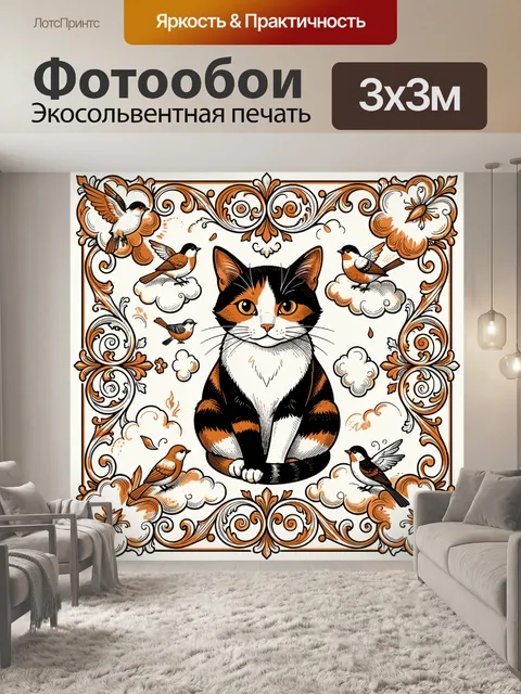 Фотообои Кот и птицы в декоративной рамке