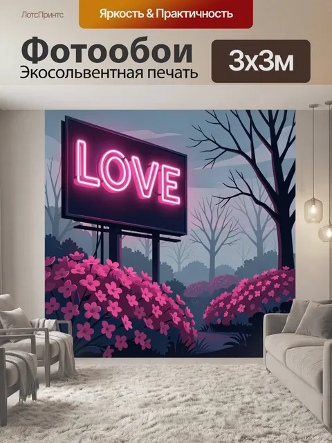 Фотообои Неоновая вывеска среди цветов