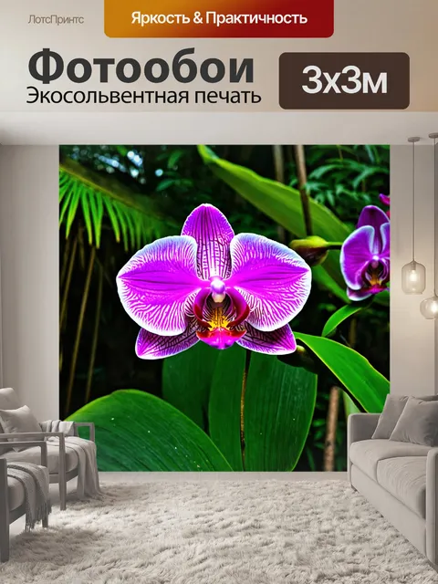 Фотообои орхидея в тропическом лесу, окруженная зеленью и яркими цветами