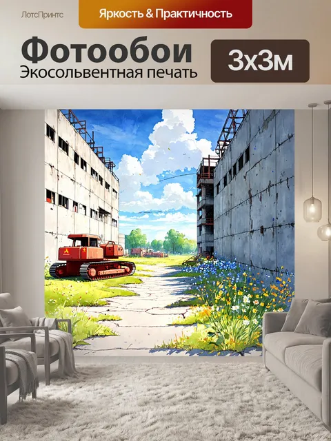 Фотообои аниме-заброшенная фабрика с советскими машинами и цветами