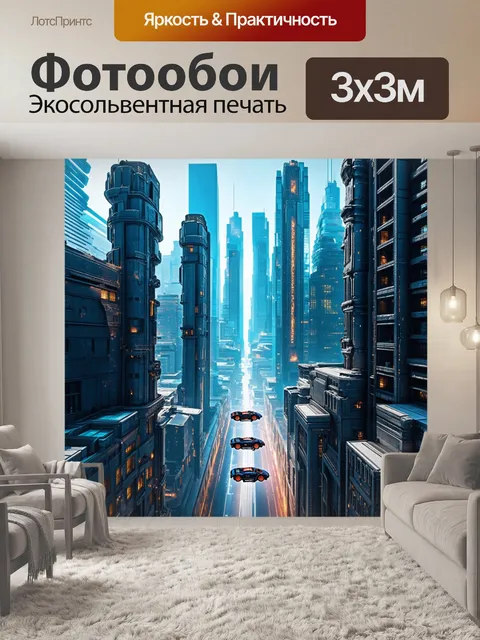 Фотообои фантастический город будущего с летающими машинами