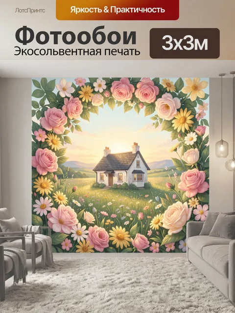 Фотообои Домик в цветочной рамке
