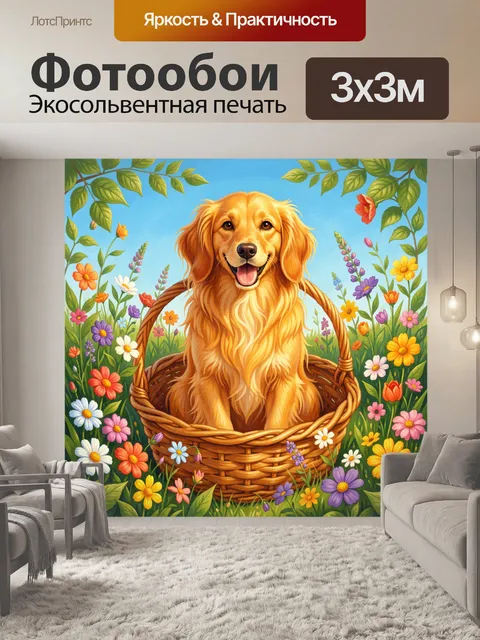 Фотообои Золотистый ретривер в цветочной корзине