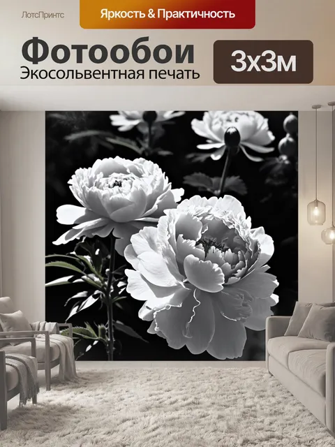 Фотообои пионы в черно-белом стиле, с наложением текстур, чтобы создать эффект многослойности и глубины