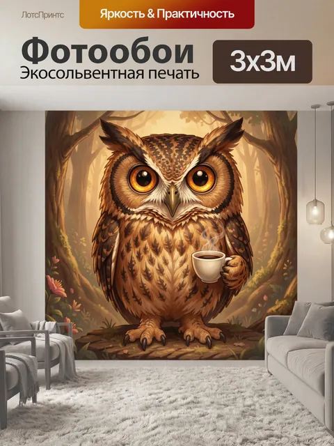 Фотообои Сова с чашкой в лесу