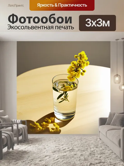 Фотообои мимоза в стакане с водой на столе из светлого дерева, отражающая солнечные лучи
