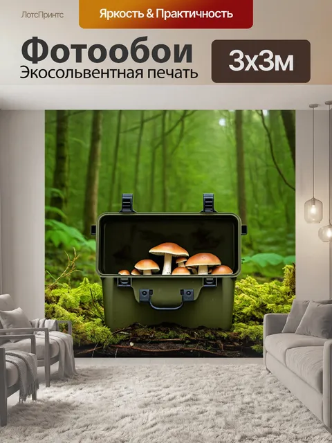 Фотообои уединённый грибник: раскрытая коробка с рыболовными принадлежностями на фоне зеленого леса